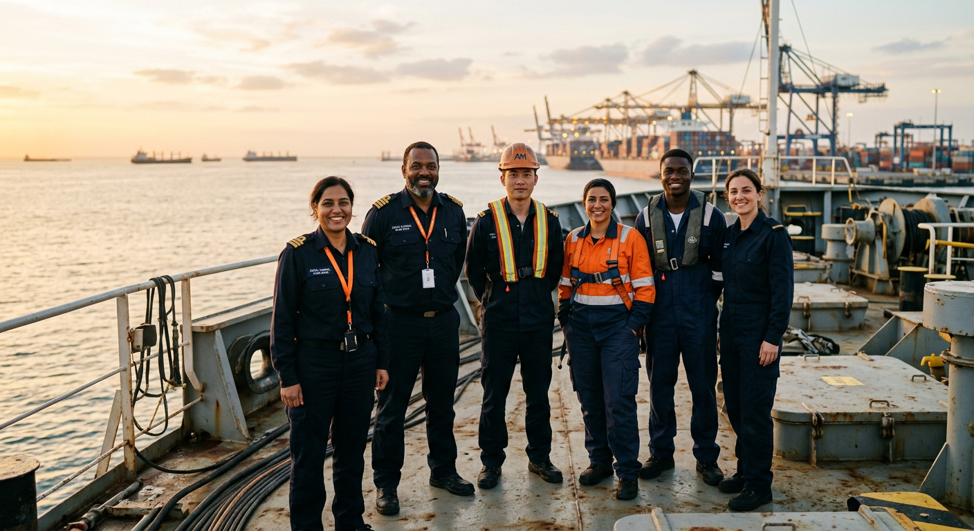 Merchant ship crew standing on deck of a cargo vessel at golden hour