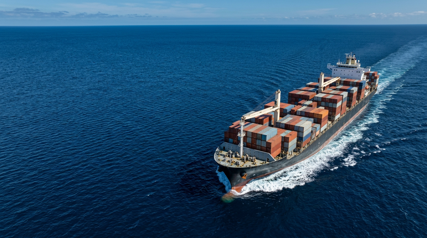 Cargo vessel navigating the open ocean
