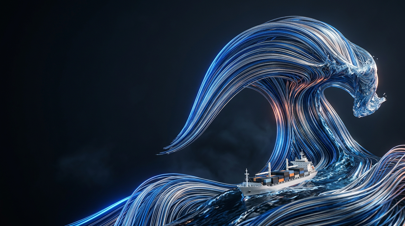 Sculptural blue ocean wave illuminated by warm light