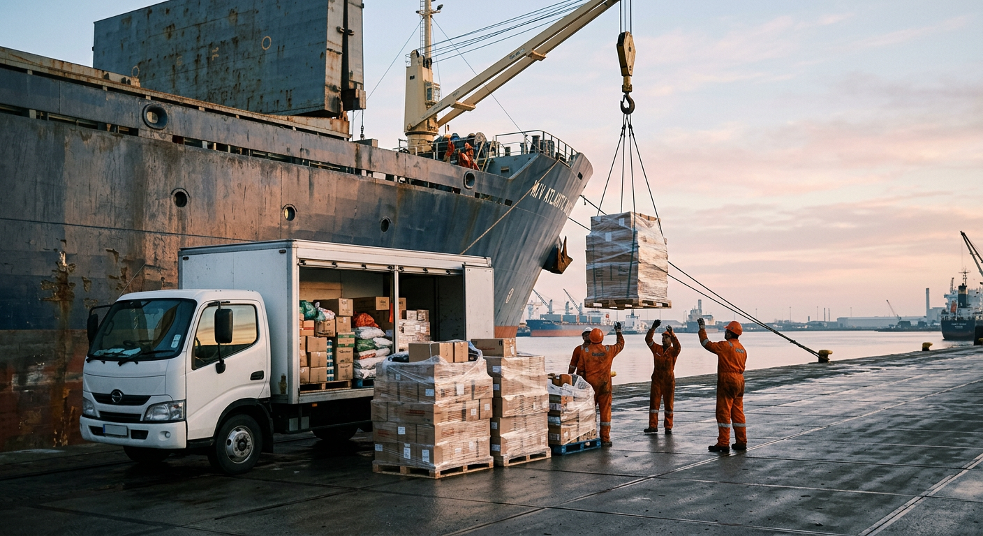 Provisions being loaded onto a cargo vessel at the quay